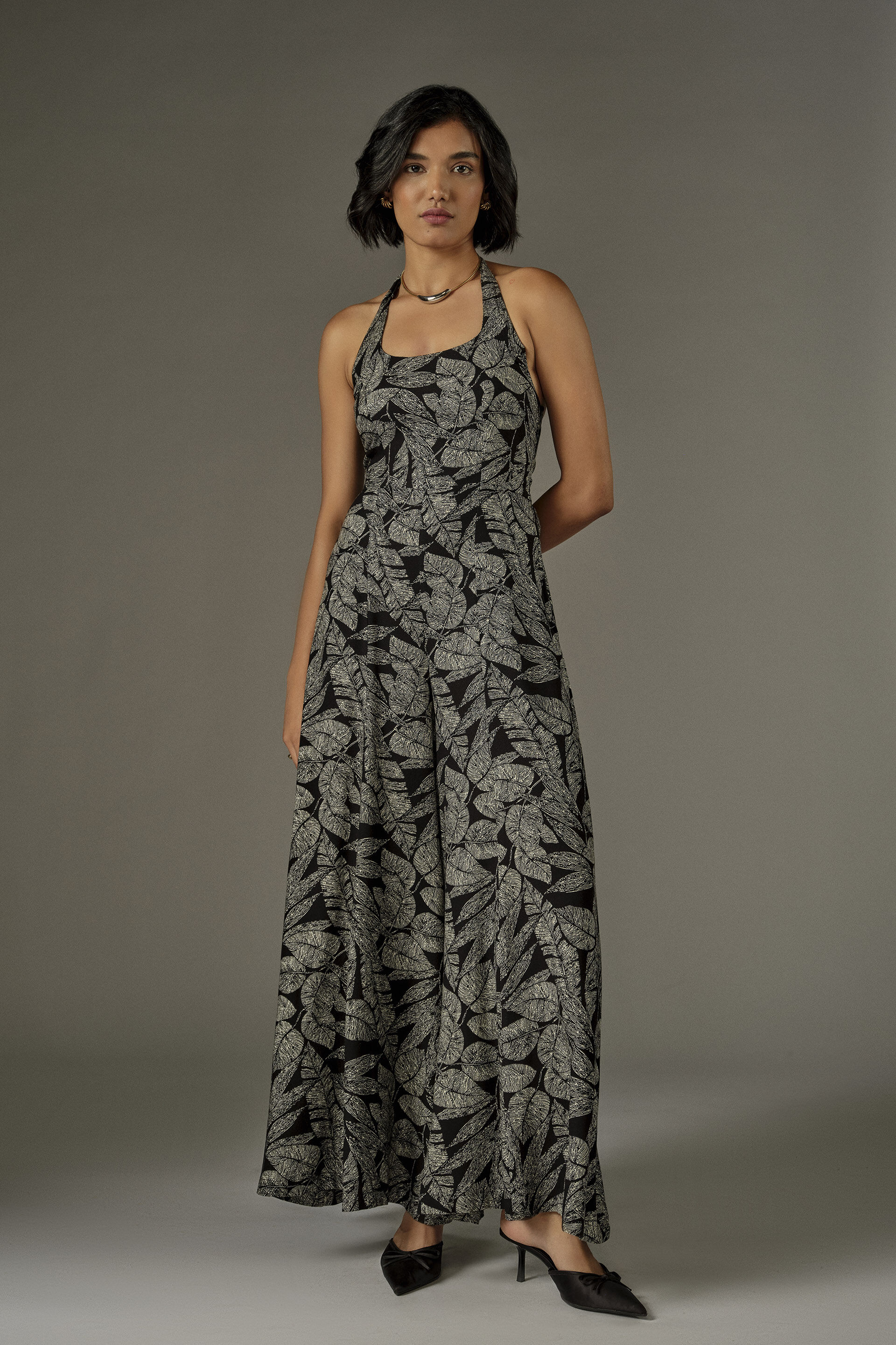Flared Leaf Print Jumpsuit in Black, Black, image 3